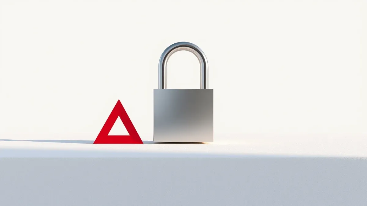 Illustration: A sleek silver padlock rests on a soft gray surface, its shackle open and slightly ajar.