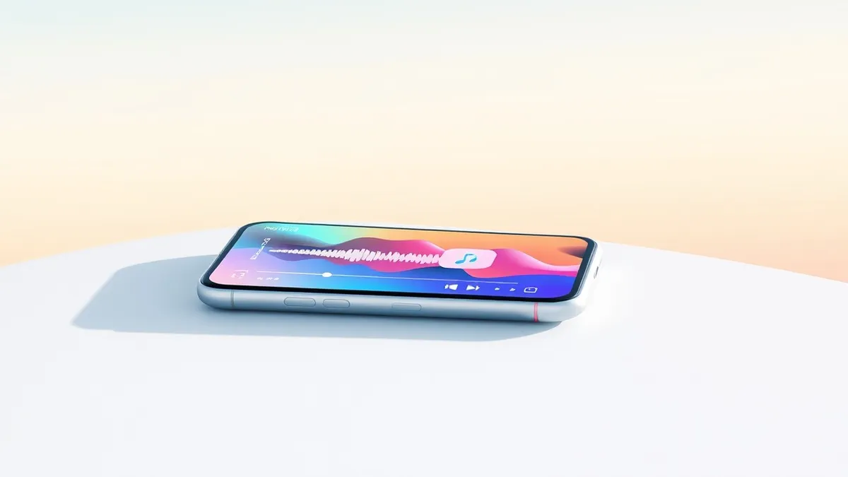Illustration: A sleek smartphone rests on a white surface, displaying a vibrant music player interface with abstract waveforms.