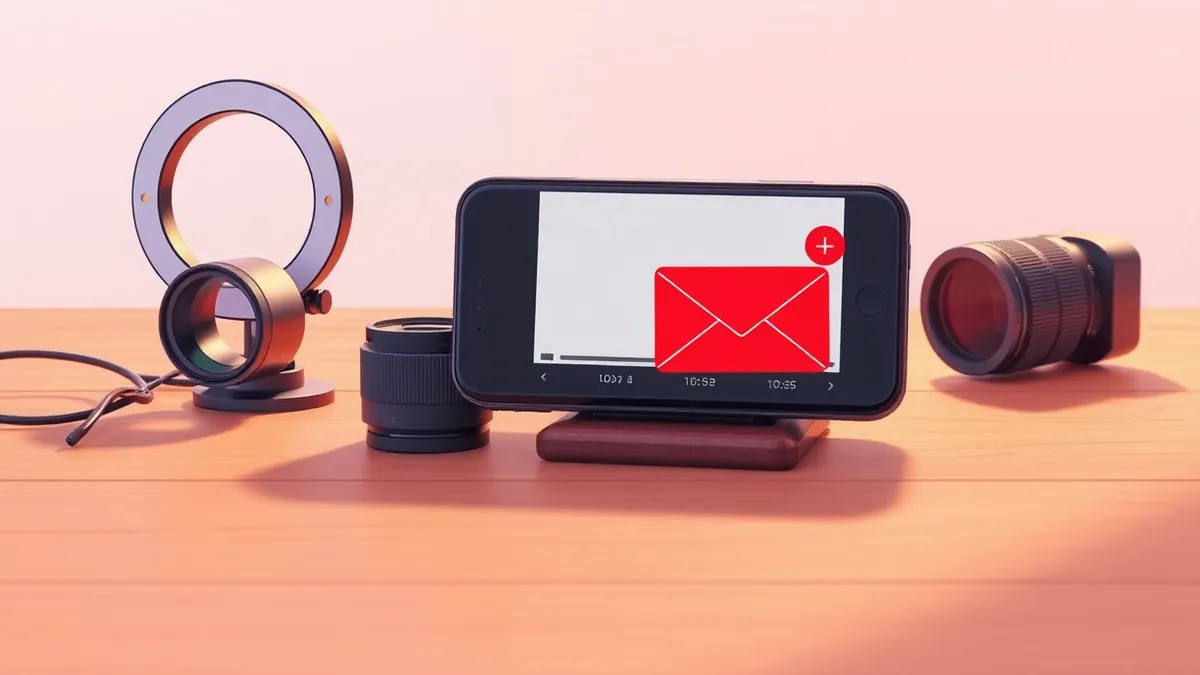 Illustration: A smartphone rests on a wooden desk beside a small ring light and a camera lens.