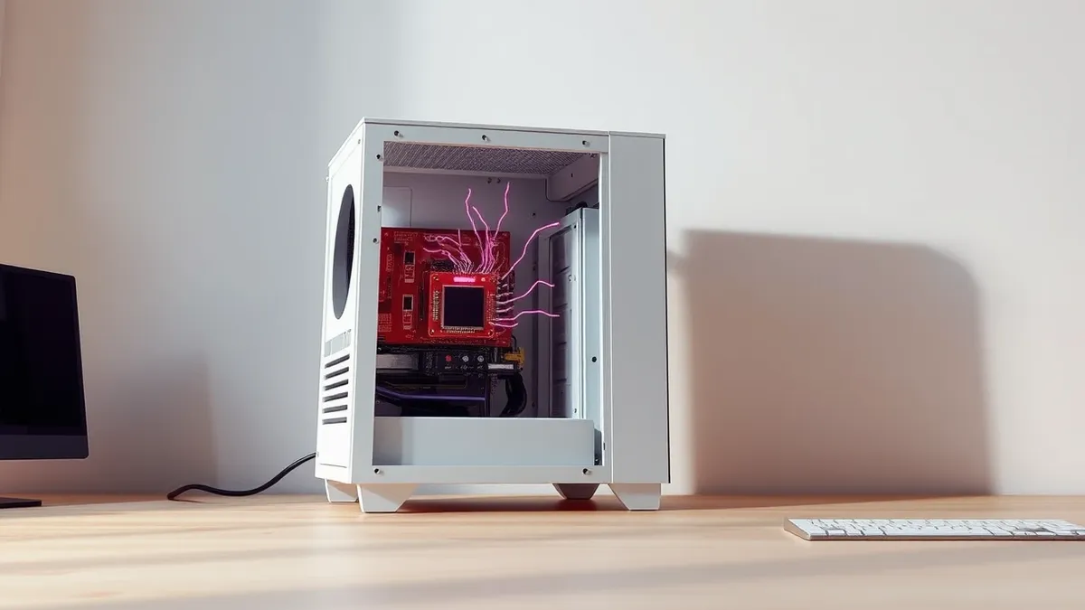 Illustration: A sleek white computer tower sits on a wooden desk with its side panel removed.