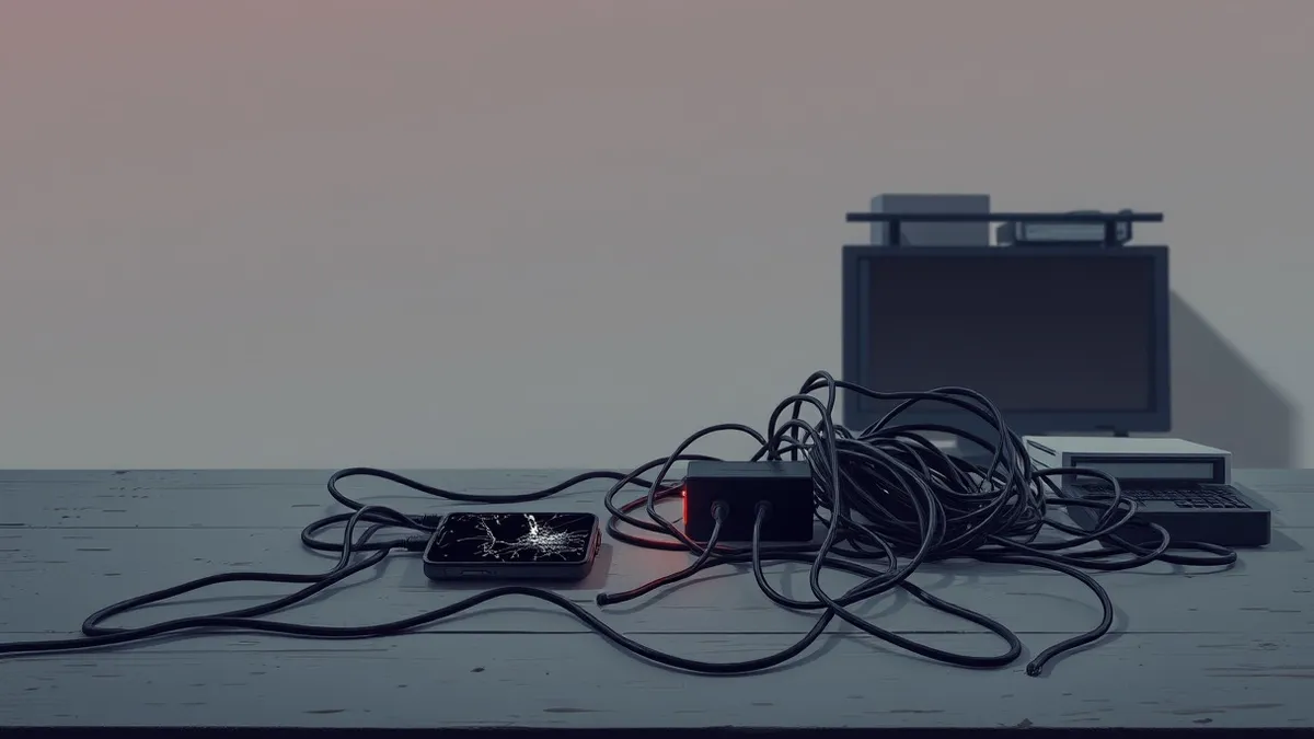 Illustration: A weathered office desk holds a cracked smartphone and a tangled heap of cables.