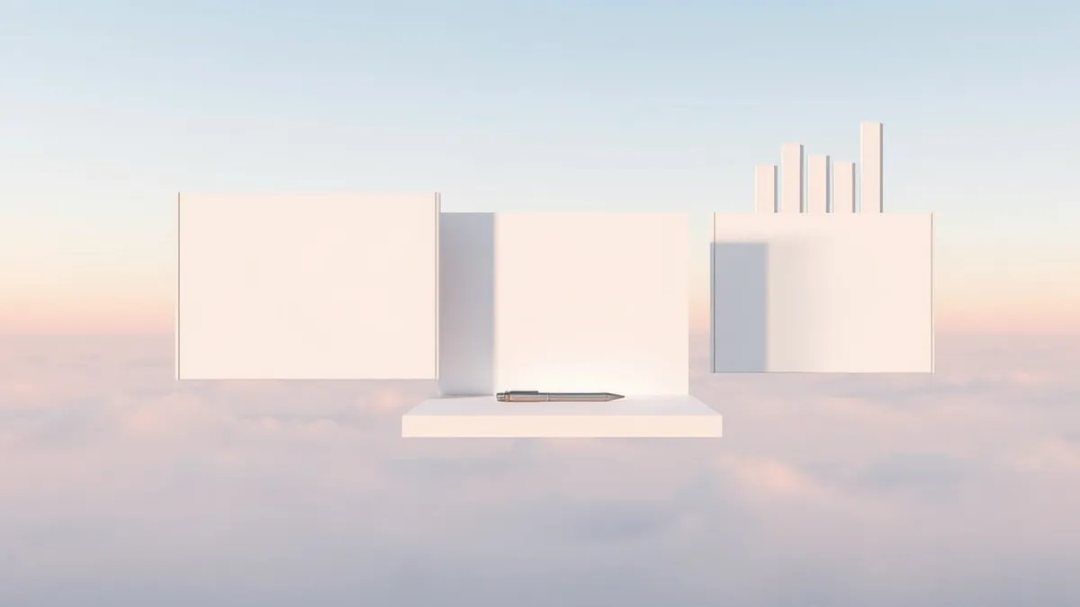 Illustration: Three minimalist application windows float in mid-air, displaying blank white canvases with subtle grid lines and abstract geometric shapes.