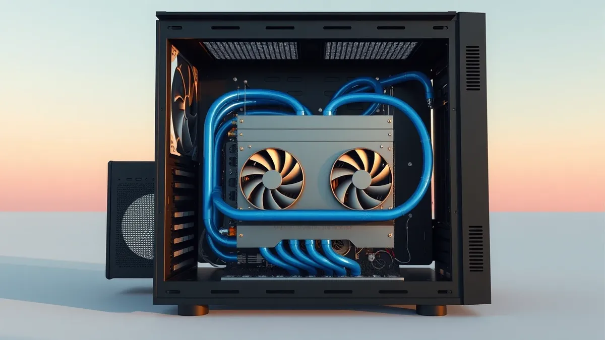 Illustration: A sleek, metallic server blade sits inside an open black computer case, its cooling fans spinning rapidly.