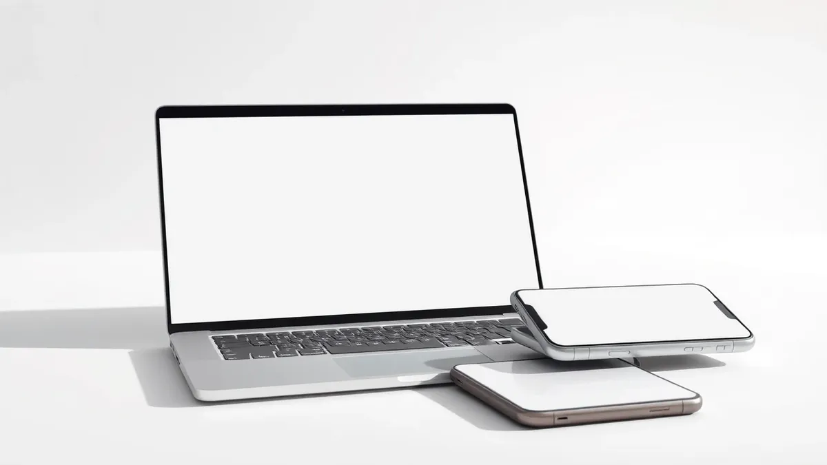 Illustration: A sleek silver laptop with a large blank touchscreen sits beside two stacked smartphones with empty displays.