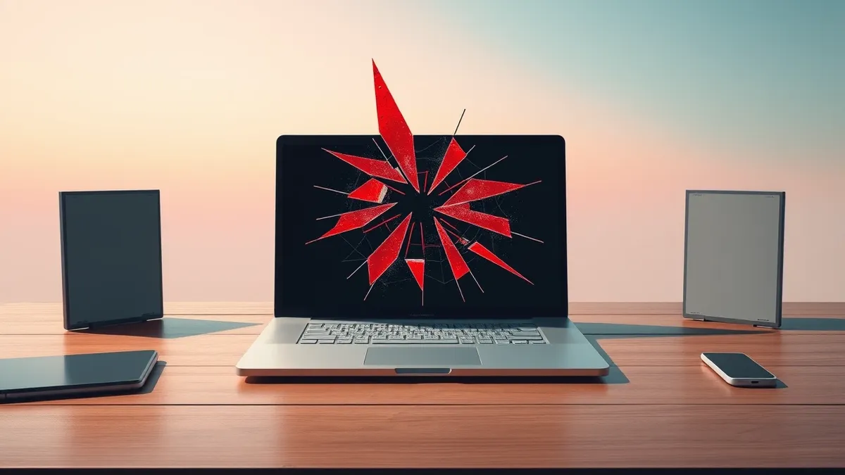 Illustration: A sleek silver laptop sits on a wooden desk with its screen displaying a frozen video player interface.