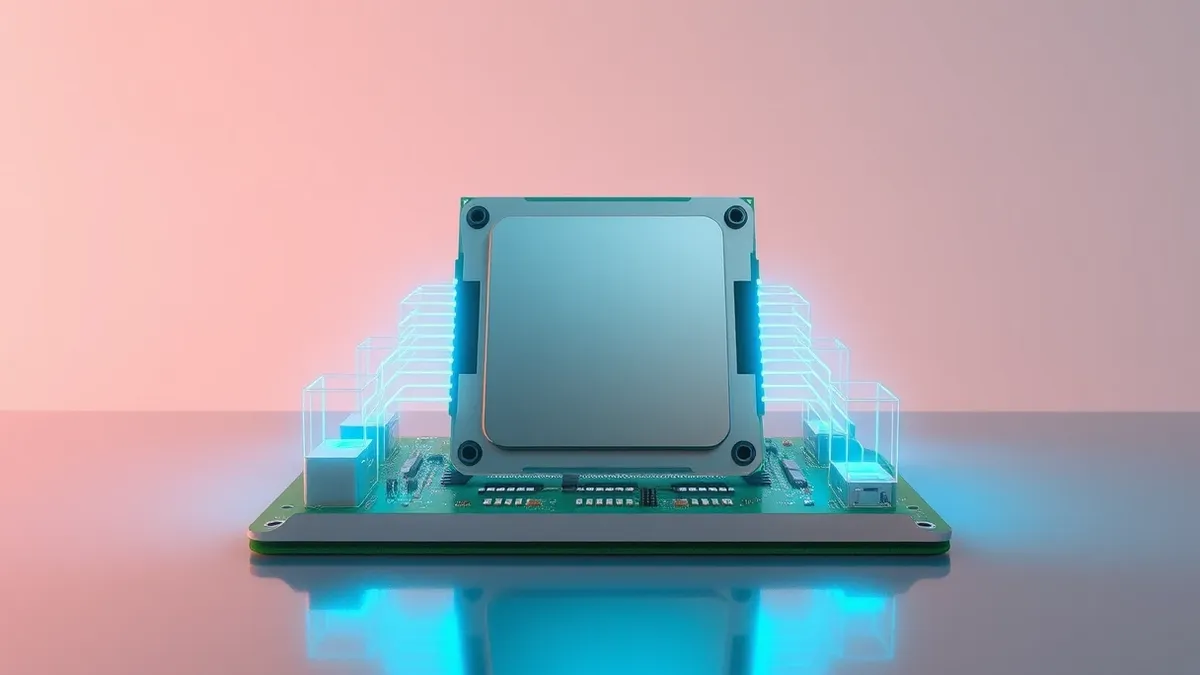 Illustration: A silver computer processor sits on a green motherboard circuit board.