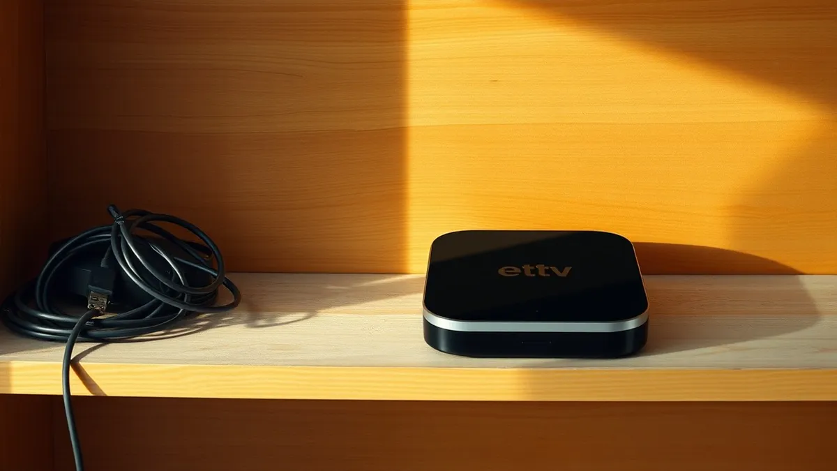 Illustration: A small, square black streaming box with a silver rim rests on a dusty wooden shelf beside a tangle of old cables.