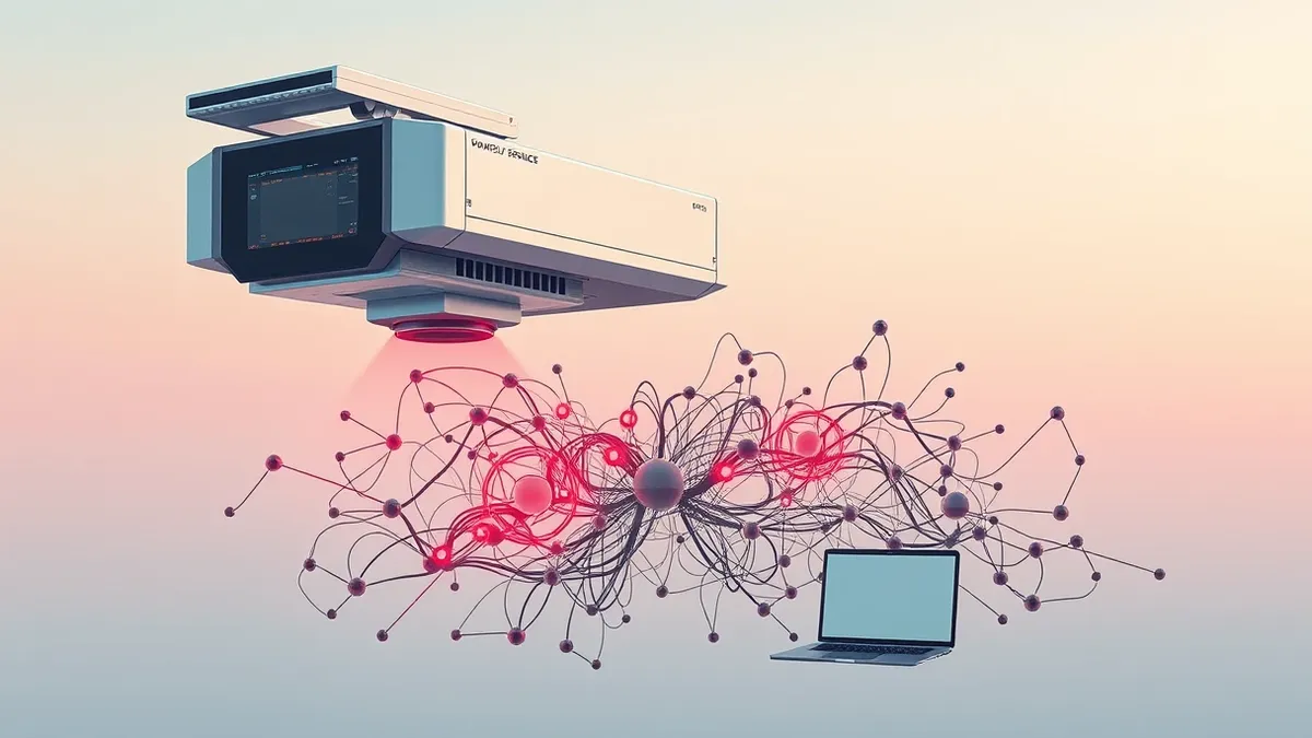 Illustration: A sleek automated scanner hovers over a tangled web of digital package dependencies.