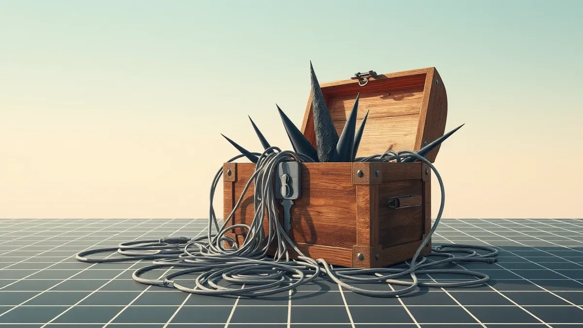 Illustration: A cracked open wooden treasure chest sits on a digital grid, spilling tangled gray wires that morph into jagged black spikes.