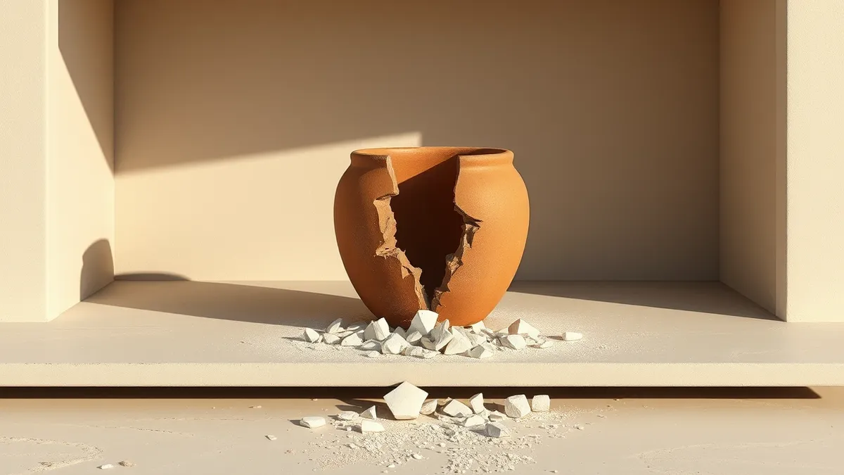 Illustration: A cracked ceramic pot sits on a dusty shelf, leaking jagged shards of sharp white clay onto the floor below.