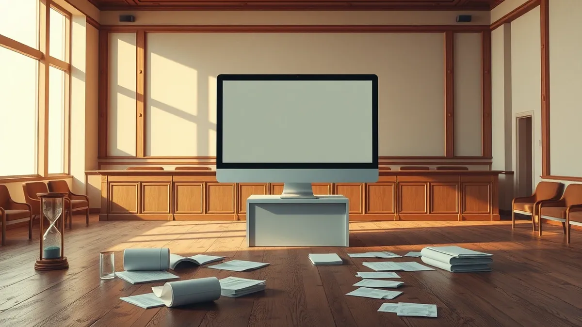Illustration: A blank computer monitor sits on a dusty desk inside an empty courtroom.