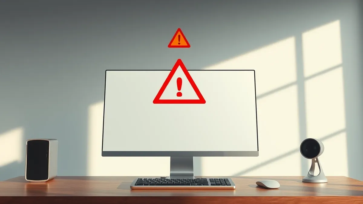 Illustration: A sleek silver desktop computer sits on a wooden desk, its blank monitor reflecting the room's ambient light.