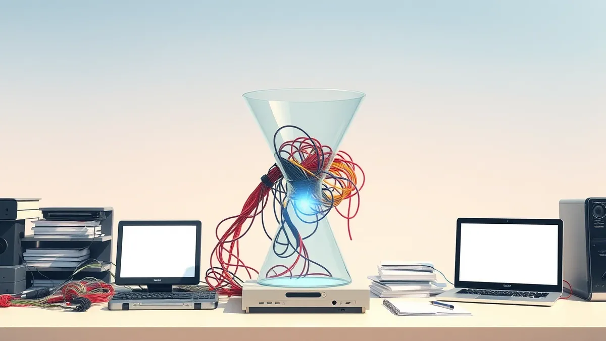 Illustration: A translucent glass funnel sits atop a cluttered desk, filtering a chaotic stream of colorful tangled wires into a single neat cable.