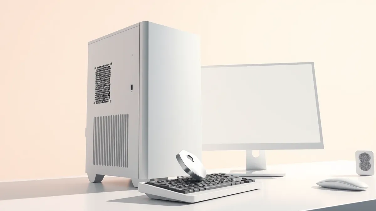 Illustration: A sleek white tower PC sits on a clean desk beside a blank monitor.