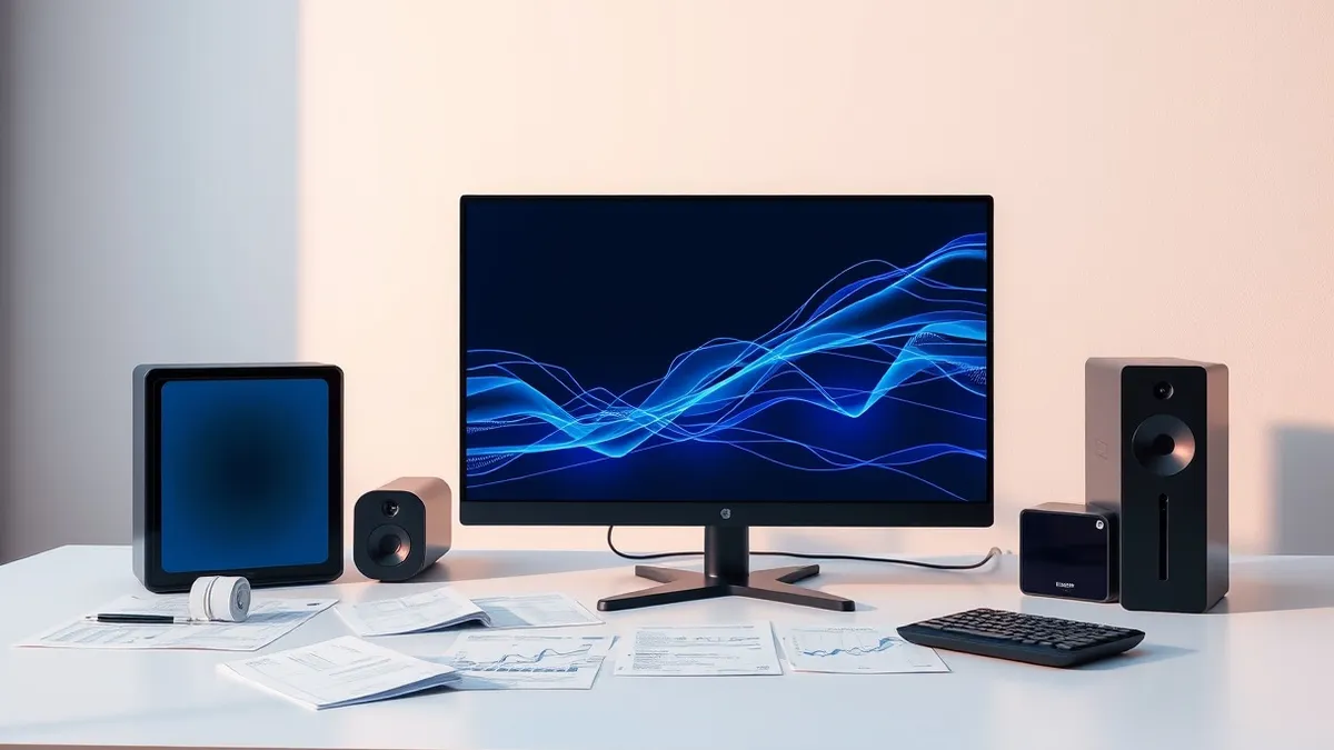 Illustration: A sleek black security console sits on a clean desk, its blank screen glowing softly with abstract blue data streams.