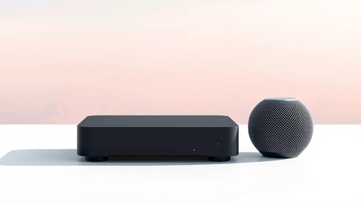 Illustration: A sleek black streaming media player sits beside a small spherical smart speaker on a clean white surface.