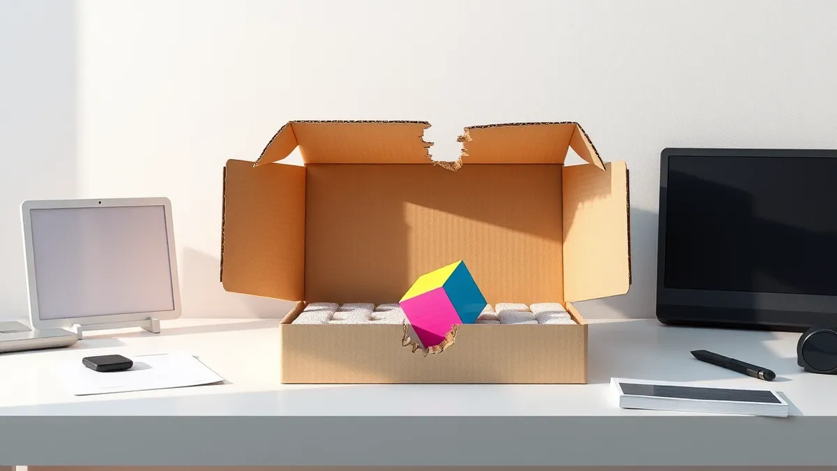 Illustration: A cracked open cardboard software box sits on a sterile desk with its internal foam compartments exposed.