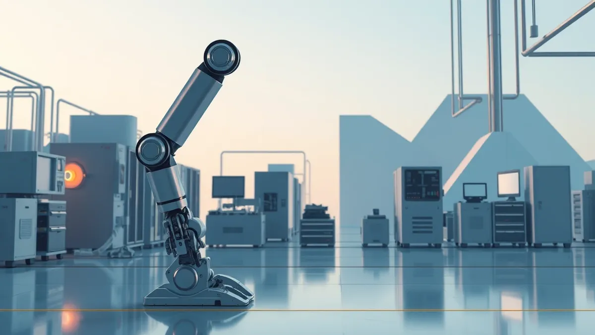 Illustration: A sleek industrial robotic arm pauses in a modern factory setting, its metallic joints reflecting the soft glow of nearby equipment.