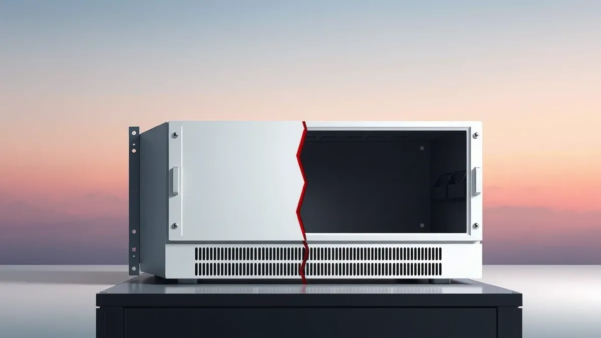 Illustration: A sleek, white server appliance sits isolated on a dark metal rack, its front panel blank and featureless.